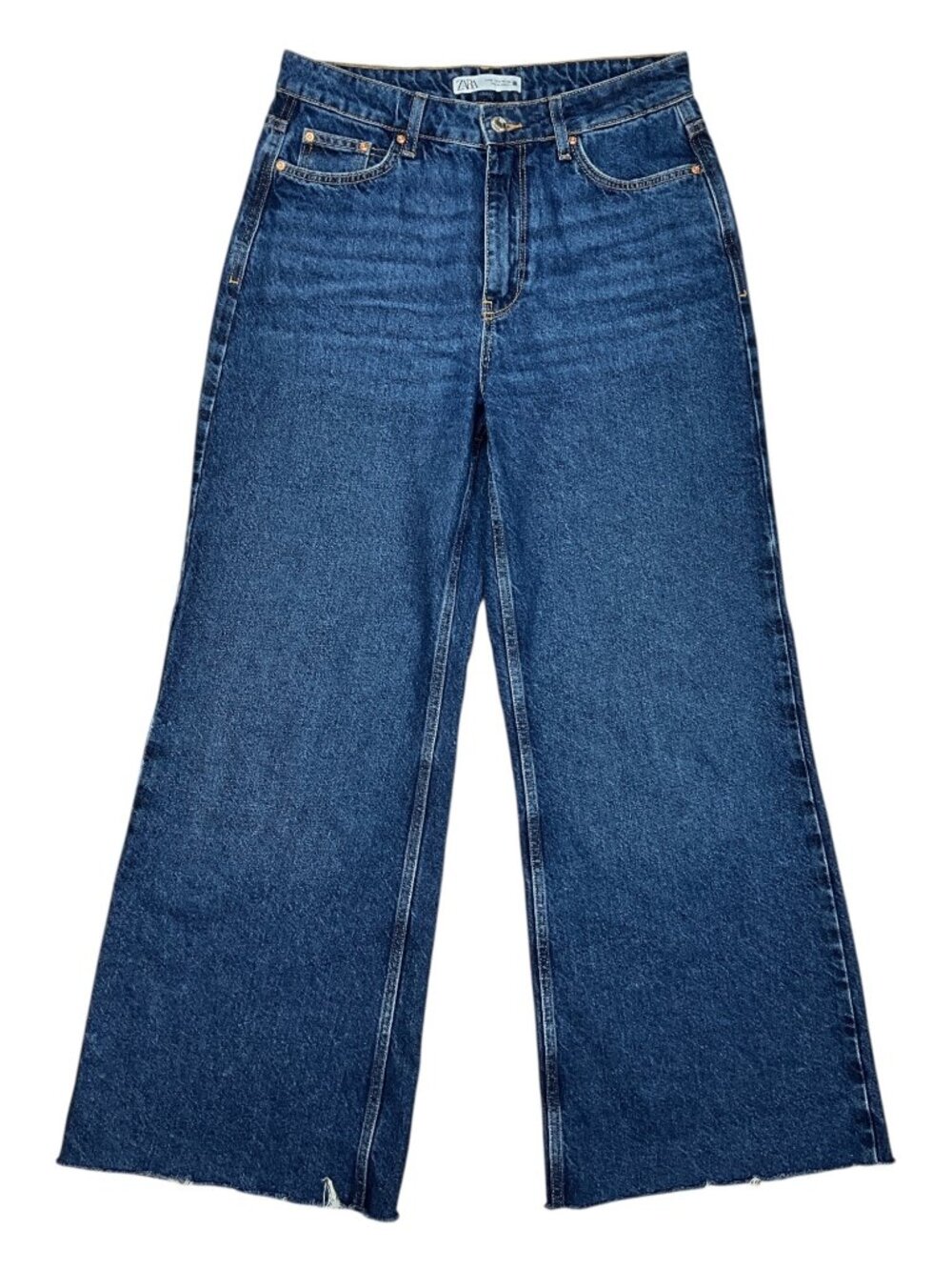 Zara Wide Leg Raw Hem Jeans 6 Blue High Rise